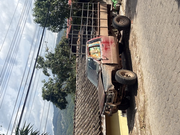 Old red pickup truck under power lines